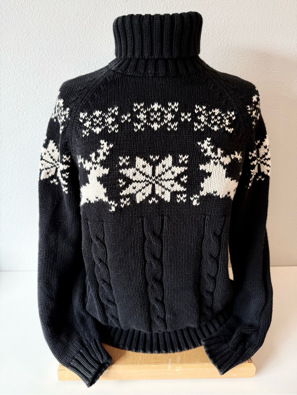 Vintage Lands' End Reindeer Snowflake Roll Neck Cable Knit Cotton Sweater 10-12